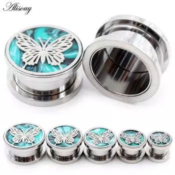 Alisouy 2PCS нержавеющая сталь бабочка зеленый камень ушные туннели заглушки расширитель растяжитель калибр серьги пирсинг украшения для тела 8mm