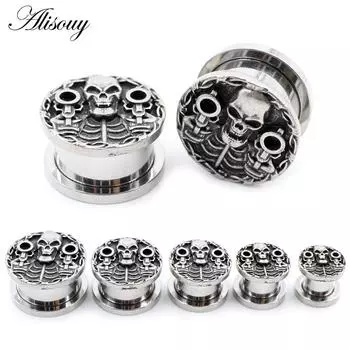 Alisouy 2PCS Нержавеющая сталь Череп Пистолет Скелет Беруши Туннели Расширитель Носилки Измерители Серьги Пирсинг Украшения для тела 8mm