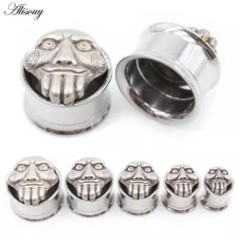 Alisouy 2PCS Нержавеющая сталь Fear Face Резьбовые ушные туннели Заглушки Расширитель Расширитель Расклешенные Измерители Серьги Пирсинг Украшения для тела 8mm