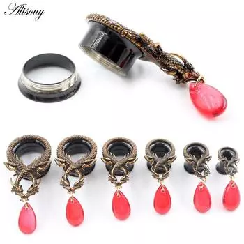 Alisouy 2PCS Нержавеющая сталь Капля воды Дракон Подвеска Ушные туннели Заглушки Расширитель Растяжитель Калибр Серьги Пирсинг Украшения для тела 6mm