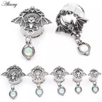 Alisouy 2PCS Нержавеющая сталь Летучая мышь Круглый опаловый кулон ушные туннели Заглушки Расширитель Растяжитель Калибр Серьги Пирсинг Украшения для тела 6mm