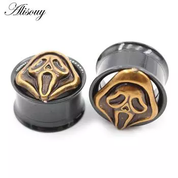 Alisouy 2PCS Нержавеющая сталь Полая маска призрака Расклешенные ушные туннели Заглушки Расширители Растяжители Измерители Серьги Пирсинг Украшения для тела 8mm