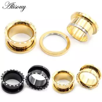 Alisouy 2PCS нержавеющая сталь разделение зубов круглые ушные калибры туннели пробки расширитель растяжитель серьги пирсинг украшения для тела 8mm чёрный