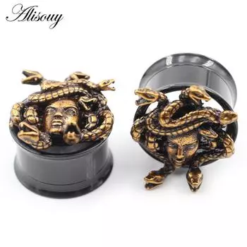 Alisouy 2PCS Нержавеющая сталь Змеиное лицо Череп Ушные туннели Заглушки Расширитель Расширитель Расклешенные Измерители Серьги Пирсинг Украшения для тела 8mm