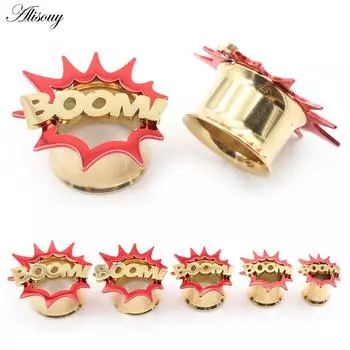 Alisouy 2PCS Панк Нержавеющая сталь Бум Буква Расклешенные Ушные Туннели Затычки Расширители Растяжители Измерители Серьги Пирсинг Украшения Для Тела 6mm