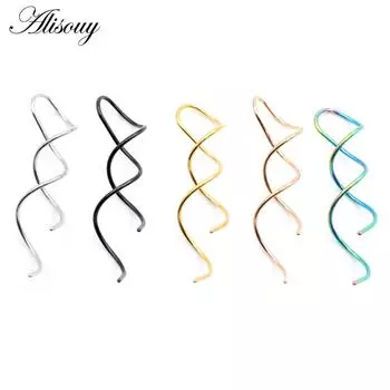 Alisouy 2PCS Punk нержавеющая сталь волна кисточка твист болтаются мужские и женские серьги крючки для ушей поддельные расширители для пирсинга украшения для тела серебряный