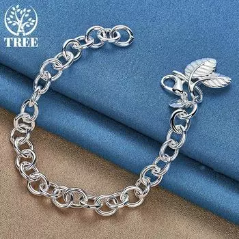 AliZero стерлингового серебра 925 пробы двойной лист кулон браслет для женщин свадьба модные украшения 20cm