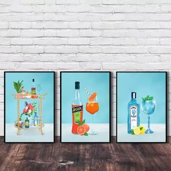 Алкогольные коктейли, настенная живопись на холсте, барная тележка, иллюстрации, постеры и принты, настенные панно для кухни, декора гостиной 21*30cm