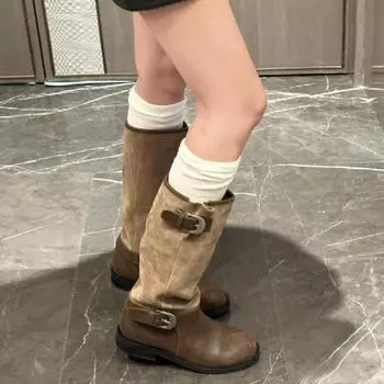 All Cowhide~ Niche Color Matching Leather Thick-Soled Knight Boots Women S Wide Long Boots High Boots Long Western Stacking Boots 35