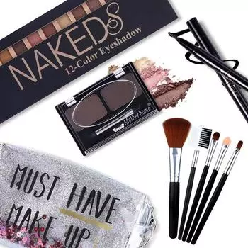 All-in-one Makeup Kit 12 Colors Nude Shimmer Eyeshadow Palette Waterproof Black Eyeliner Pencil Duo Press Eyebrow Powder Set 01, 1 Piece