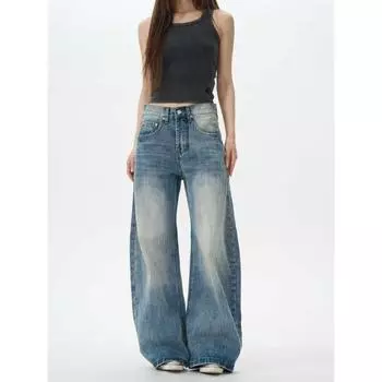 All-match Hip-hop American Retro Water-washed Silhouette Jeans Men s Spring and Autumn Straight Pants Couple Loose Scimitar Mopping Floor M