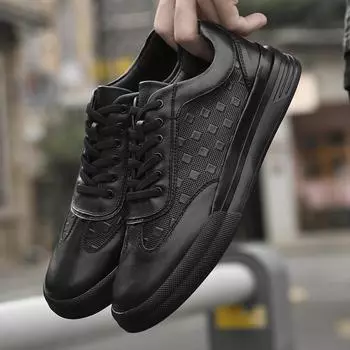 All-match Men Tenis Shoes Men Genuine Leather Flat Casual Shoes 2024 New Lightweight Sneakers Breathable Sports Shoes Shoes 38 чёрный