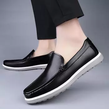 All-match New Flats Genuine Leather Men Casual Shoes Classic Mens Breathable Loafers High Quality Mens Slip on Driving Shoes 38 чёрный
