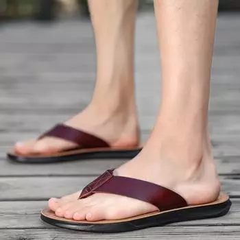 All-match Slippers Light Flats Men s Shoes Italian Leather Flip-flops for Men Cool Beach Summer New Slippers Man Big Size 38-47 38 чёрный