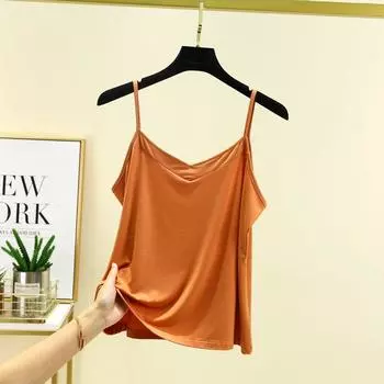 All-Matching Modal V-neck Small Sling Women Summer Thin Inner wear Vest Plus size Loose Sleeveless Solid Bottoming Shirt Classy Orange 2XL (70.00 kg-80.00 kg recommended