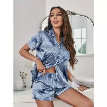 Атласный пижамный комплект с принтом сердец повседневный топ с коротким рукавом на пуговицах и воротником-лацканами и эластичные шорты женская одежда для сна и отдыха S синий