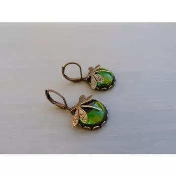 Alloy dragonfly pattern earrings, fashionable retro exquisite inlaid acrylic earrings.