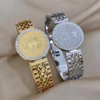 ALLYES модные массивные браслеты из нержавеющей стали с геометрическим рисунком для женщин, инкрустированные стразами, браслеты на запястье в виде льва, водонепроницаемые ювелирные изделия