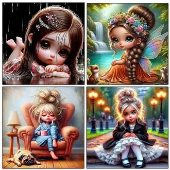 Алмазная картина 2024 года, мультяшная девушка, полная квадратная круглая алмазная мозаика, милая 5DDIY, вышитая картина для украшения интерьера Full Round 20x20CM