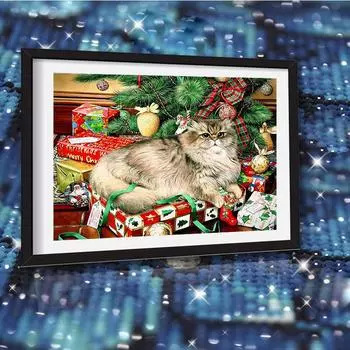 Алмазная картина 5d Рождественский подарок Кот Полный квадратный дрель Алмазная вышивка Прекрасный кот Вышивка крестом DIY Жениться на Рождество Мозаика Рукоделие Домашний декор Full Round (20X30CM)