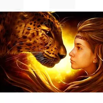 Алмазная картина Алмазная вышивка Алмазная мозаика Полный круглый Леопард и женщина 20X30CM