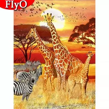 Алмазная картина, алмазная вышивка с изображением заката, животных, распродажа, Жираф, Зебра, картины из стразов, мозаичная декорация Full Round (20X30CM)