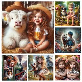 Алмазная картина блондинка маленькая девочка и животные собака кошка картинки полный комплект для вышивки крестом алмазная мозаика украшение для дома подарок 2 square 30x30cm белый