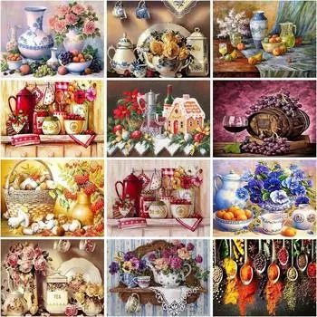 Алмазная картина, чайник, мозаика, пейзажное искусство, полная круглая Алмазная вышивка, цветы, картина из стразов, домашний декор Full Round 20x30CM