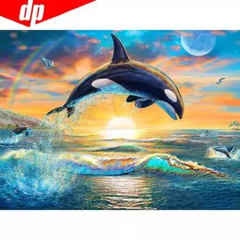 Алмазная картина Дельфин Картина Горный Хрусталь Полный Круглый Алмазная Мозаика Закат Алмазная Вышивка 20X30