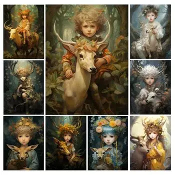 Алмазная картина «Дети и олени», новые поступления, Diy, полная квадратная круглая дрель, стразы, вышивка, животные, эльфы, мозаика, наборы для вышивки крестом, декор для стен Square drill 30x40cm