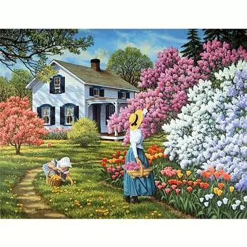 Алмазная картина Дом Цветок 5D DIY Наборы для вышивки крестиком Полный круглый мозаичный пейзаж Декор для дома 30x40 см/12x16 дюймов 30x40cm NO Frame