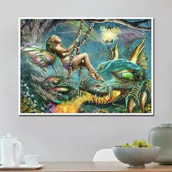 Алмазная картина Фея и дракон Алмазная вышивка Стразы Живопись Искусство Вышивка крестом Животные 20X30CM