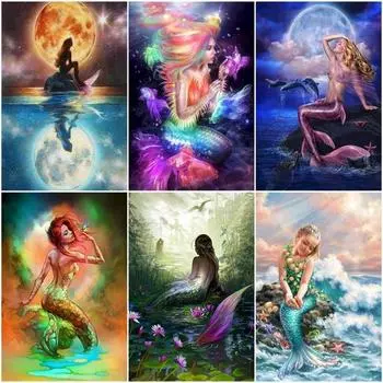 Алмазная картина, фигурка Русалка, животное, рыба, круглый бриллиант, круглое украшение с бриллиантом, настраиваемое настенное художественное украшение Full Round 20x30CM