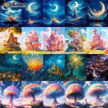 Алмазная картина Full Drill Moon Castle Круглая алмазная живопись Ручная работа Фэнтези Радужное дерево Diy Алмазная мозаика Картина Украшение дома Full Round 25X37.5CM
