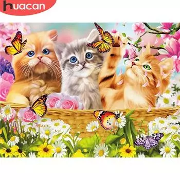 Алмазная картина HUACAN, алмазная вышивка кота, животное, полная квадратная круглая страза, картины, домашний декор Full Square 20*30 cm