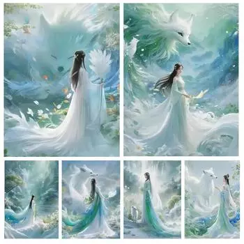 Алмазная картина «Эльф», новинка 2024, 5D «сделай сам», полная квадратная круглая Алмазная мозаика, вышивка, древняя красавица, девушка, лиса, искусство, домашний декор, подарок square 40x30cm белый