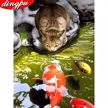 Алмазная картина кошка рыба животное мультфильм полная дрель квадратное украшение дома горный хрусталь 20X30CM