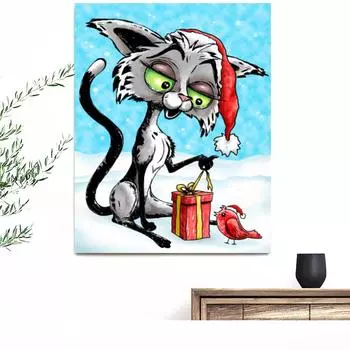 Алмазная картина Кот Алмазная мозаика со стразами Картина Вышивка Алмаз Полный круглый Рождественский декор 20X30CM
