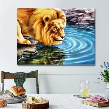 Алмазная картина Лев Пить Воду Полный Круглый Алмазная Вышивка Мозаика Вышивка Крестом Украшение Дома 20X30CM