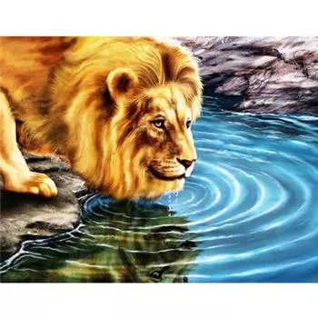 Алмазная картина Лев Пить Воду Полный Круглый Алмазная Вышивка Мозаика Вышивка Крестом Украшение Дома 20X30CM