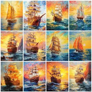 Алмазная картина «Лодка» с закатом и пейзажем, вышитая картина стразами, морская алмазная мозаика, новое поступление, наборы для декора стен Full Round 20x30CM