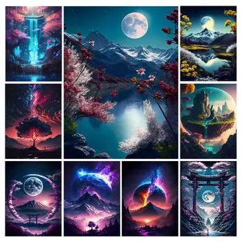 Алмазная картина «Лунное озеро» Новые поступления Diy Полный квадратный круглый дрель Горный хрусталь Вышивка Ночной пейзаж Мозаика Наборы для вышивки крестом Настенный декор Square drill 30x40cm