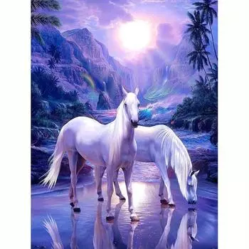 Алмазная картина, мозаика, белая лошадь, полная круглая вышивка крестиком с животными, изделия ручной работы, Настенный декор 30x40 см/12x16 дюймов 30x40cm NO Frame