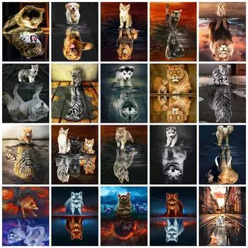 Алмазная картина набор животных отражение 5D DIY Алмазная вышивка продажа кошка собака Стразы мозаика вышивка крестиком Decortion Full Round 20X30CM красный