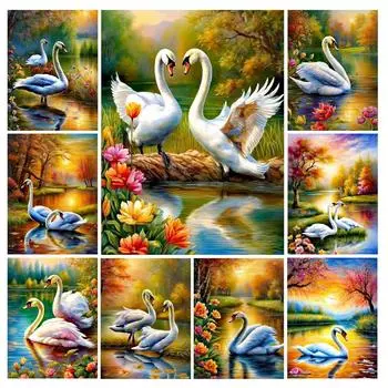 Алмазная картина, новая коллекция 2024, Белый лебедь, сделай сам, полная квадратная круглая дрель, вышивка стразами, живописные реки, мозаика, наборы для вышивки крестом Square drill 30x40cm
