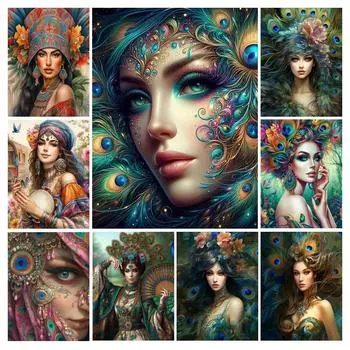 Алмазная картина, новая коллекция 2024, павлиньи перья, женщина, сделай сам, полная квадратная круглая дрель, стразы, вышивка, мозаика для девочек, наборы для вышивки крестом Square drill 30x40cm