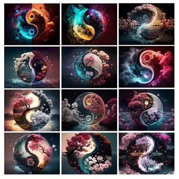 Алмазная картина, новая коллекция 2024, тай-чи, пейзаж, сделай сам, полная квадратная круглая дрель, вышивка стразами, Инь Ян, дерево сакуры, мозаика, наборы для вышивки крестом Square drill 30x40cm