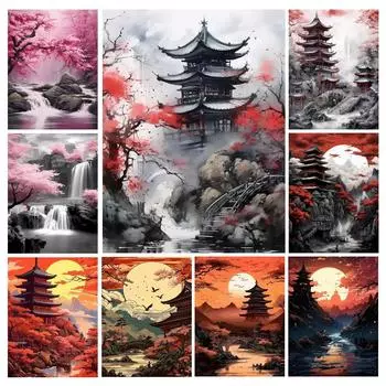 Алмазная картина, новинка 2024 года, абстрактный пейзаж, павильон, сделай сам, полная квадратная круглая дрель, вышивка стразами, храм дерева сакуры, мозаика, наборы для вышивки крестом Square drill 30x40cm