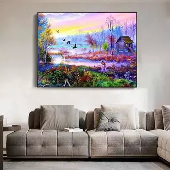 Алмазная картина Пейзаж Лес и деревянный дом Вышивка крестом Полный стразы Инкрустация Алмазная вышивка 20X30CM
