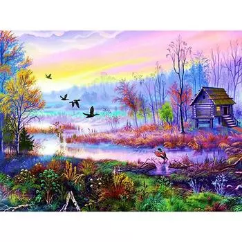 Алмазная картина Пейзаж Лес и деревянный дом Вышивка крестом Стразы Инкрустация Вышивка Ручная работа 20X30CM